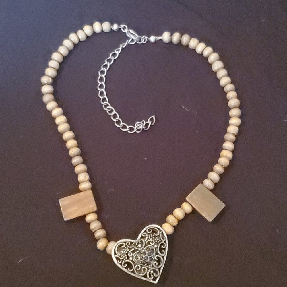 Wooden bead and heart necklace